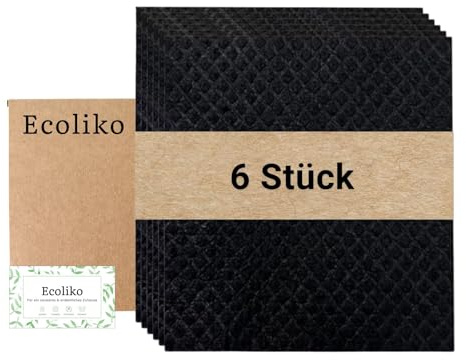 Ecoliko Schwarze Schwammtücher für Küche [6er] aus Holz & Baumwolle | nachhaltige Putzlappen & Bio-Spültücher ohne Mikrofaser - 60 Grad waschbar & fusselfrei - 16×17 cm