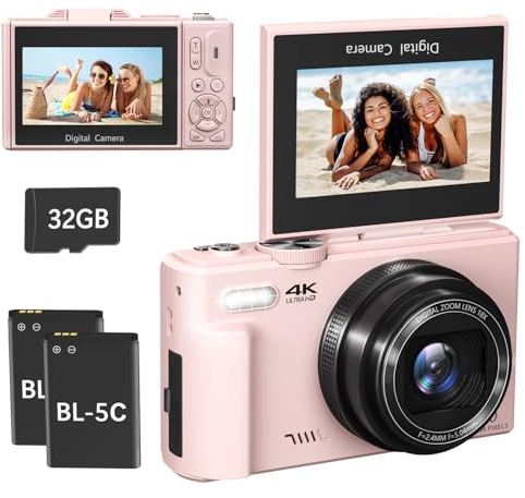 Fotocamera digitale 4K, fotocamera compatta per vlogging da 64 MP con WiFi e schermo pieghevole, zoom digitale 18x, ideale per i creatori di YouTube, include scheda micro SD da 32 GB e 2 batterie
