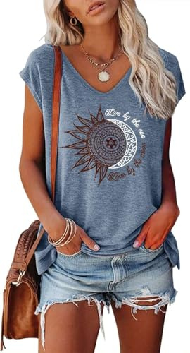 Teesho T-shirt pour femme élégant à manches longues/courtes - Crop Tops décontracté - T-shirt long - Tunique d'été - Débardeur de sport, Z1 - Bleu gris, M