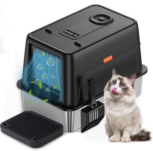 Siairo Bac à Litière pour Chat en Acier Inoxydable, XXL Bac à Litière avec Pelle &Marchepied, Résistant aux Odeurs, Nettoyage Rapide