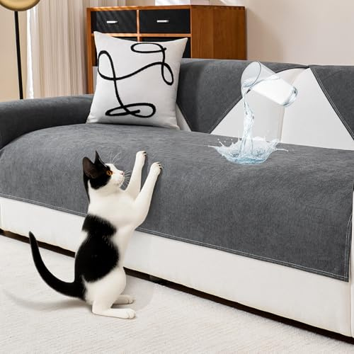 DeepDream Wasserdicht Sofa Überzug Chenille Sofabezug, Kratzfest Hund Katze Sofaschoner, Rutschfester Sofa Cover Couch Überzug 2 3 4 Sitzer für U Form L Form Sektionssofa (Dunkelgrau, 90 * 120cm)