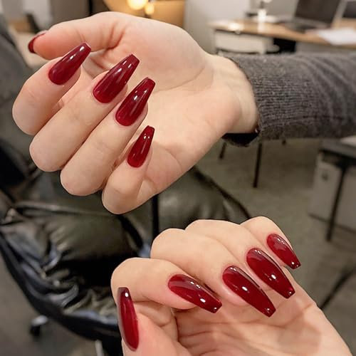 Long Square False Nails - 24Pcs Wine Red Nail Tip Fake Nails - Acrylic Full Cover Press on Nail with Glue - Stick on Nails for Women Girls Days Nail Art Accessories