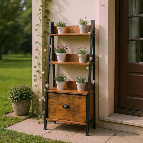 FurnitureR Pflanzenregal Leiterstil 42x29x110 cm, 4 Ebenen, Stoffschublade, 12 mm Holzplatten & 20 mm Metallrahmen, 7,5 cm Rückwand, Outdoor & Indoor Pflanzenständer