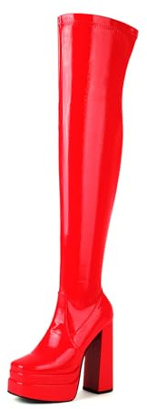 Qynthra Stivali Donna Alti in Pelle Verniciata con Plateau Tacco Largo E Cerniera Laterale per Palcoscenico E Moda,Rosso,45 EU