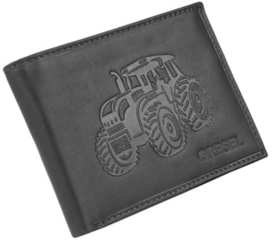 GRESEL Herren Geldbörse aus Echtem Oily Pull-Up Leder, Traktor-Print, mit Münzfach & Geschenkbox