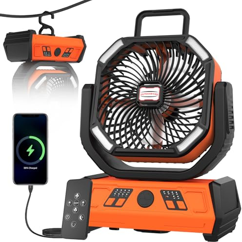 Camping Fan, 20000mAh USB Portable fan With Light , Can Be Used As a Power Bank, With Remote Control And Hook, 4-speed Wind , 4 timers, Suitable For Travel, Office, barbecues, Camping , Orange Black