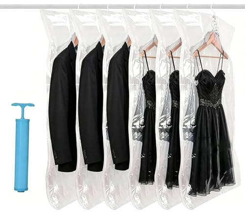 6 Stück Hängende Vakuumbeutel für Kleidung 110×70 cm, Vakuumierbeutel mit Handpumpe & Haken, Staub Feuchtigkeitsschutz Platzsparend Kleiderschrank Organizer für Clothing Anzüge Mäntel Jacken