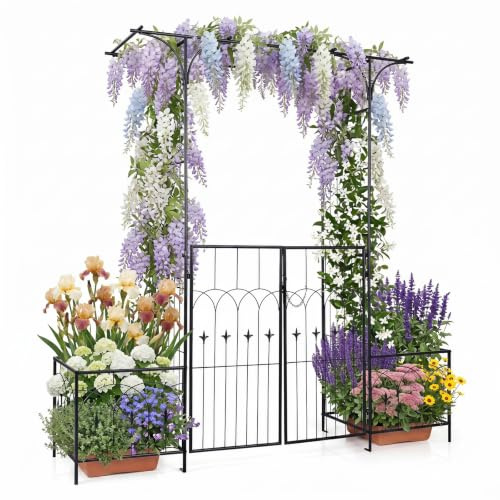 HOMASIS Rosenbogen mit Tür, Metall Gartenbogen mit Rankgitter & 2 Pflanzkästen, Gartentor stabil wetterfest, Rankhilfe für Kletterpflanzen, Spalier Torbogen für Hochzeit Garten Partys (200x56x206cm)