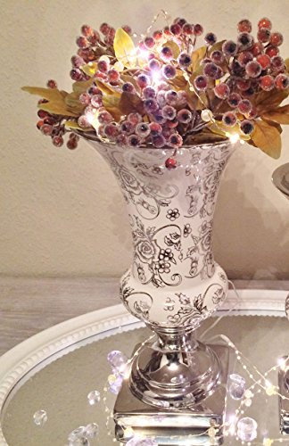 Riyashop 25 cm Trumpet Keramik Vase Weiß-Silber Floral Verziert Dekovase Eckiger Fuß