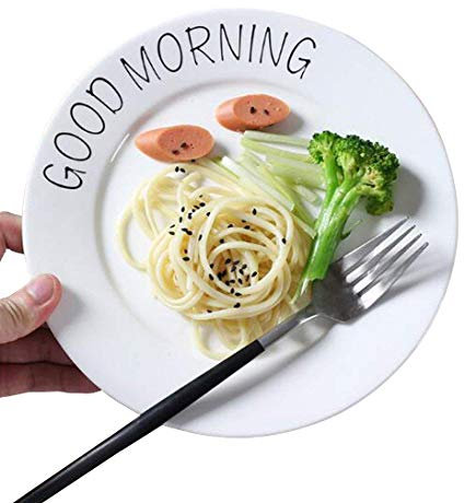 YBK Tech 8 inch Euro Style Plate Ceramic Breakfast Plate Hand-Painted Saying Pattern Design (Good Morning)