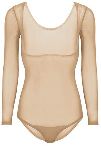 iEFiEL Damen Transparent Bodysuit Langarm Body offen Brust Mesh Unterhemd Damenbody Unterwäsche Bauchtanz Overall Leotard Nude Einheitsgröße