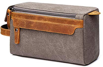 Neuleben Kulturbeutel Kosmetiktasche Kulturtasche aus Canvas Leder Vintage Damen Herren für Reise Urlaub (Grau)