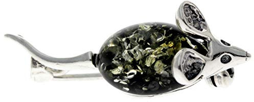 SilverAmber Jewellery Brosche Maus Sterling-Silber 925 Grüner Baltischer Bernstein 4107G