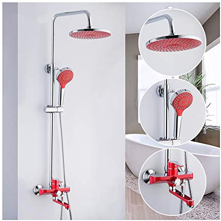 9 Zoll Duschsystem Rot und Chrom Messing Multifunktional Regendusche Duschset Wandhalterung Brausegarnitur Set mit Duschkopf, Handbrause, Badewannenarmaturen
