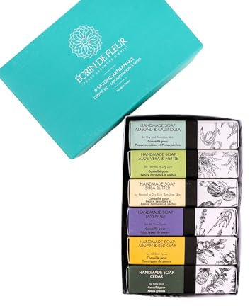 Écrin de Fleur - Wunderschönes Set mit 6 kaltgepressten französischen Kaltseifen (Mandel & Calendula, Argan & Tonerde, Aloe Vera & Brennnessel, Karité, Lavendel, Zeder)