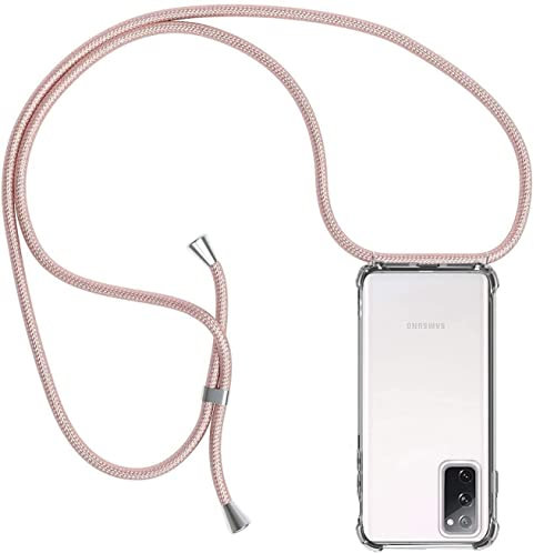 Casecool für Samsung Galaxy S20 FE 4G / 5G / S20 Lite Hülle mit Band, Handyhülle Handyband Hülle mit Kette Schutzhülle Kordel zum Umhängen Transparent Weich TPU Silikon Bumper, Rosé Gold