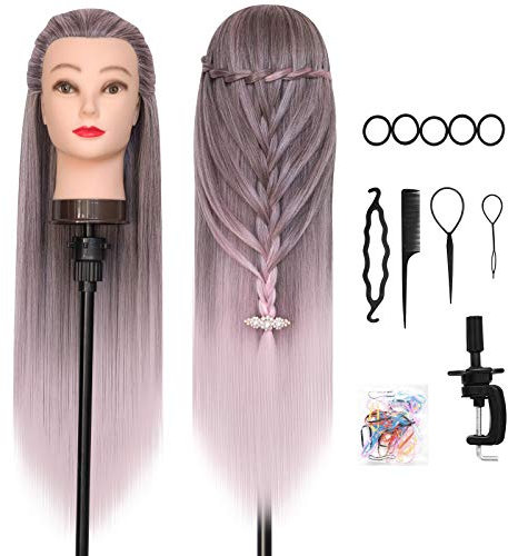 Training Head, DanseeMeibr 26-28 Inch Hairdressing Head 100% Synthetic Fiber Cosmetology Mannequin Head with Free Clamp for Braiding Stying (Ombre Pink)