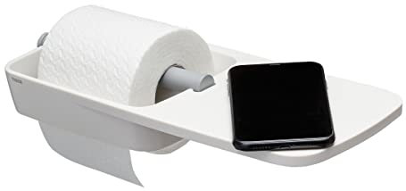 Tiger Tess Toilettenpapierhalter mit praktischer Ablage, Montage zum Schrauben oder Kleben, Kunststoff, Farbe: Weiß / Hellgrau