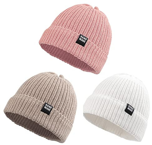 Pesaat Baby Mütze Jungen Strickmütze Weiche Baumwolle Mädchen Hut Kindermütze Warme Wintermütze 0-5 Jahren Winter,Herbst (Weiß+Rosa+Beige, 2-5Jahren)