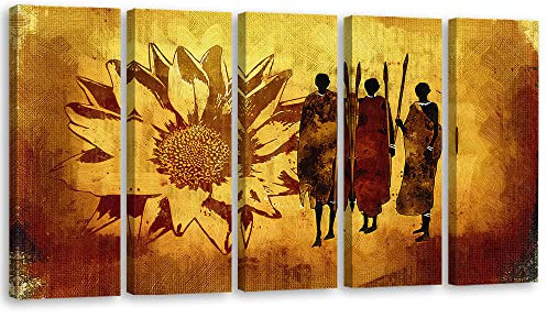 Feeby Wanddeko XXL 100x40 cm Anbau Sonnenblume Stamm Afrika Leinwandbild 5-teilig Modern Wandbilder Deko Flur Sahara Jagd Speer Braun