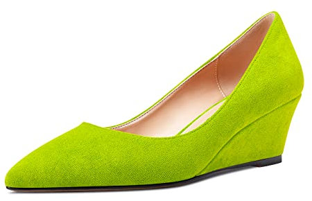 Aachcol Mujer cuña Esparto Pumps Medio Heel Puntiaguada Punta Slip-on Dress Zapatos de Boda Fiesta 5 CM Verde Lima Ante 36 EU
