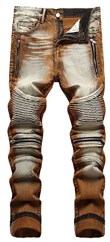 Baylvn Men's Skinny Designer Colorful Printed Biker Moto Jeans with Zippers Deco,837 Yellow,Size 36
