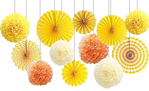 Yellow Tissue Pom Poms and Hanging Paper Fans Set,Paper Flowers Ball for Party Decoration(12 Piece)
