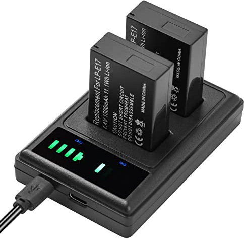 Andoer Chargeur LP-E17 avec indicateurs LED + 2 batteries LP-E17 7,4 V 1500 mAh avec câble de charge USB de remplacement pour Canon EOS 200D/750D/760D/800D/ 800D/ M3/ M6/ T6i