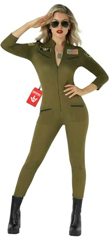 Morph Kampfjet Pilot Kostüm Damen, Militär Halloween Kostüm Damen | Pilotenanzug, Sonnenbrille & Abzeichen, Khakifarbenes Design, Zum Überziehen, Perfekt für Halloween, Ideal zum Verkleiden