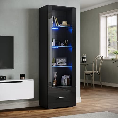 SONNI Glasvitrine mit Led Beleuchtung schwarz/weiß, Hochglanzfront,mit 4 Einlegeböden und 1 Schublade.Standvitrine, Wohnzimmer Vitrine, Vitrinenschrank, W550xD350xH1720mm