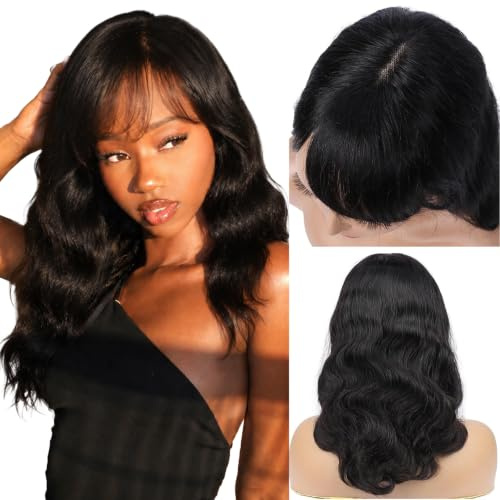 WIGNEE Perruque Cheveux Humains Ondulée 35 cm Avec Frange Femmes Noires