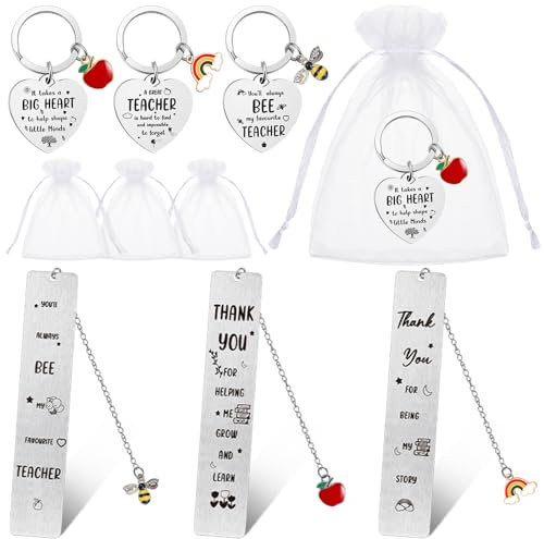 Otuuz 9 Stück Lehrer Dankeschön Geschenk Set 3 Danke Lehrer Lesezeichen 3 Herz Schlüsselanhänger 3 Organzabeutel für Erzieher Abschiedsgeschenk Ruhestand Weihnachten Geschenk