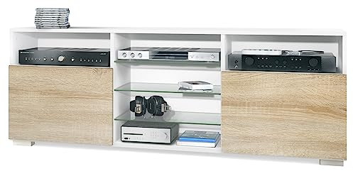 Vladon TV-Board Granada, Lowboard mit 2 Türen und 6 offenen Fächern, Korpus Weiß matt, Fronten in Eiche sägerau (146 x 54 x 35 cm)