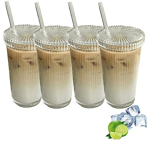 Kaffee Gläser 375 ml Glas mit Deckel und Strohhalm Vertikal Gestreifte Gläser Bubble Tea Becher Eiskaffee Gläser Transparent Gerippte Gläser für Kaffee Milch Saft Bubble Tee (4 Stück)
