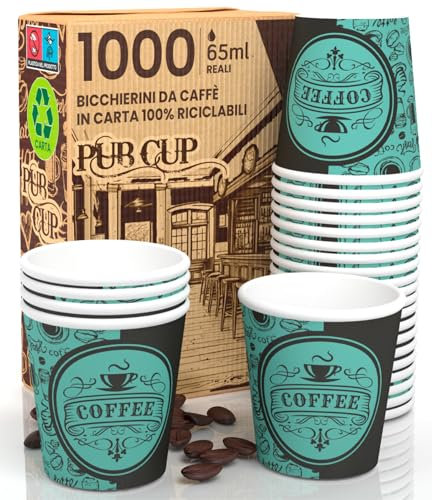 1000 Bicchierini in Carta da caffè 65ml PubGreenCUP - Bicchieri Ecologici Biodegradabili Monouso Piccoli Asporto Bevande Calde