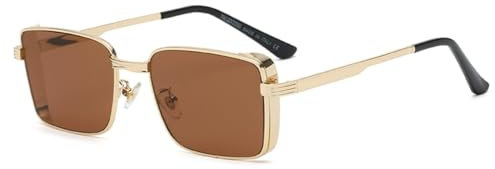 WDZAYXC Klassische Rechteckige Sonnenbrille Retro Metallrahmen Gläser Vintage Rechteck Sonnenbrille für Damen und Herren(Gold/Braun)