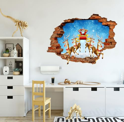 2-teilige 3d Zerbrochene Wand Elch Weihnachtsmann Wandaufkleber, Wohnzimmer, Kinderzimmer, Weihnachtsdekoration, Selbstklebende Papiertapete, 50 Bis 70cm