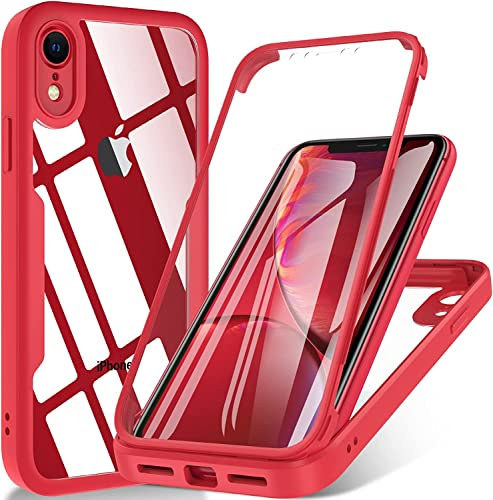 OWKEY Hülle für iPhone XR, 360 Grad Ganzkörper Schutzhülle mit eingebautem Displayschutz, Stoßfeste Handyhülle Case Cover für iPhone XR, 6,1 Zoll, Rot