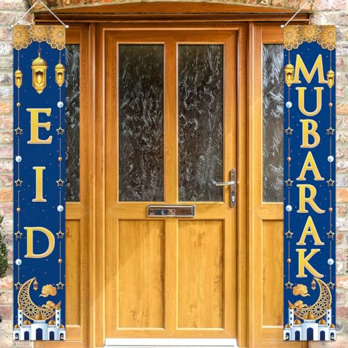 Eid Mubarak 2024 Dekorationen Veranda Schilder – Eid Mubarak Haustür Banner, Eid Party Tür Hängende Dekor Zubehör für drinnen und draußen