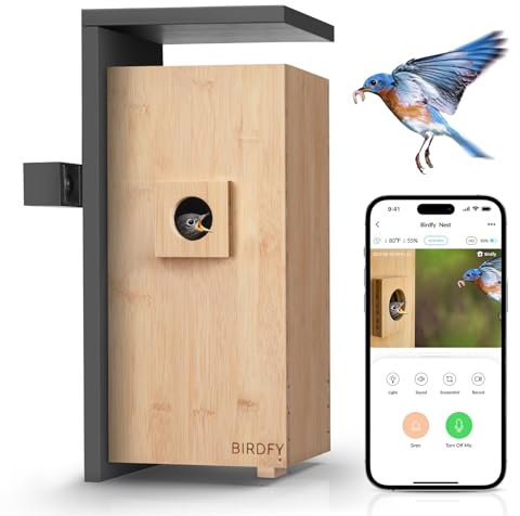 Netvue by Birdfy Nistkasten mit Dual-Kamera 1080P Bambus Vogelhaus mit KI Verhaltenserkennung, Automatische Aufnahme bei Nisten & Schlüpfen, Vögel in Echtzeit beobachten, Solarbetrieb