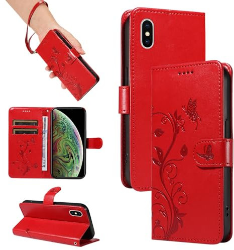 SRISHP Hülle für iPhone XS Max Hülle, Premium PU Leder Handyhülle mit Band, Magnet Flip Case für iPhone XS Max, Rot