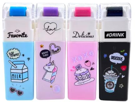 Niedlicher Radiergummi, Cartoon-Roller, Einhorn-Motiv, niedliches Gummi mit Schmutzfang, für Schule, Bürobedarf, 4 Stück