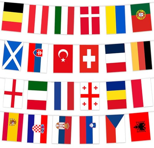 24 Länder Fahnen Wimpelkette, 24 Länder Beidseitig Stoff Euro Flaggenkette, Olympia Deko Wimpel Girlande Banner für Europa Damen Fußball EM Eurovision 2025 WM Olympische Bar Party Dekoration