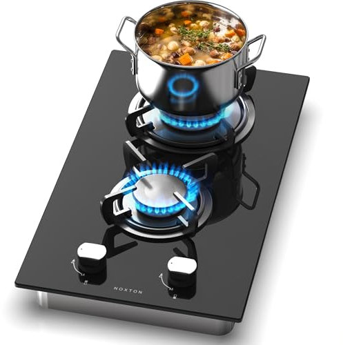 NOXTON Domino Gaskochfeld 2 Flammig mit Stecker, Gas Kochfeld 2 Flammen mit Glasoberfläche | Gasherd mit LPG Kit für Gas/LPG, 220-240V, mit Brenner 3,0 kW+1,75kW