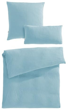 Pure Label Musselin Bettwäsche 135x200 cm mit einem Kissenbezug 80x80 cm und einem Kissenbezug 40x80 cm aus 100% Baumwolle - Traumhaft weiche, kuschelige Bettwäsche-Sets in blau