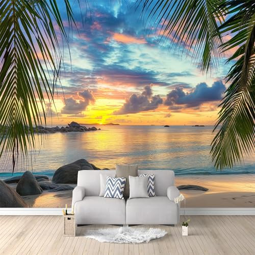 Papier Peint Intissé Paysage De Palmiers De Plage Tropicale 3D Mural Fond D'Écran Tapisserie Murales Panoramique 3D Mur De Fond Tv Papier Peint Chambre Enfant Adulte Poster Murales 350x256 cm