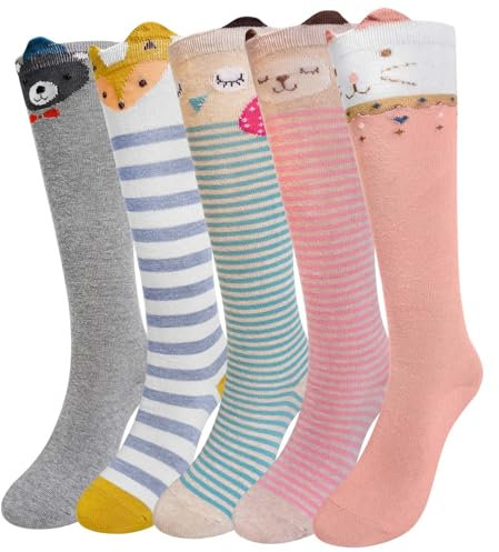 LOFIR Calzini Ginocchio Bambina Ragazze: Calze Lunghe Senza Cuciture in Cotone per Bambini - calzetti Gambaletto Invernali con Righe Divertenti Colorati per Natale Regali 5 Paia Animali 31-34