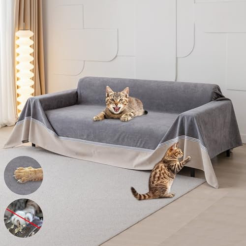 Loiion Grau Sofa Überzug, Kratzschutz Sofa Katze, Couch Katzenschutz, Sofaüberwürfe Loveseat Abdeckung, Sofabezug Wasserdicht Tierhaare, Rutschfester für Haustiere Kinder Hund Katze Kratzer,340x230cm