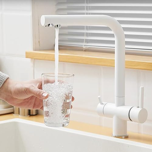 3-Wege-Küchenmischbatterie, Küchenarmatur Messing Einloch Heiß- und Kaltwasser Doppelgriff Schwenkbarer Küchenhahn-Weiß