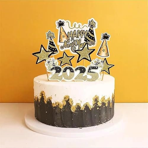 AILEXI Glitzerkuchen- und Cupcake-Topper für Party-Dekorationen – Happy New Year 2025, Schwarzgold-Set, 8 Stück